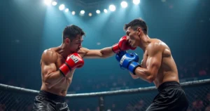 Lutador de boxe prestes a nocautear o oponente em ringue de MMA lotado