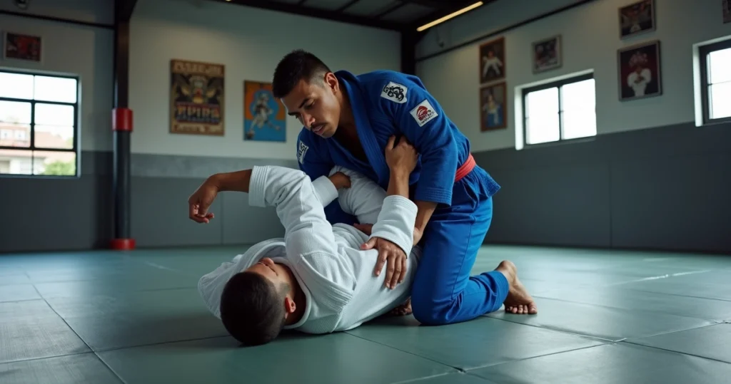 Aluno aplicando raspe no jiu-jitsu a partir da guarda no tatame