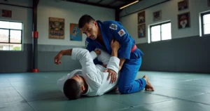 Aluno aplicando raspe no jiu-jitsu a partir da guarda no tatame