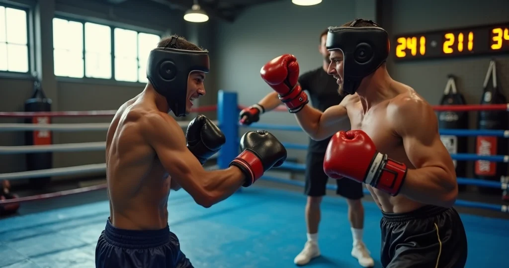 Lutadores de boxe em round intenso no ringue com treinador observando