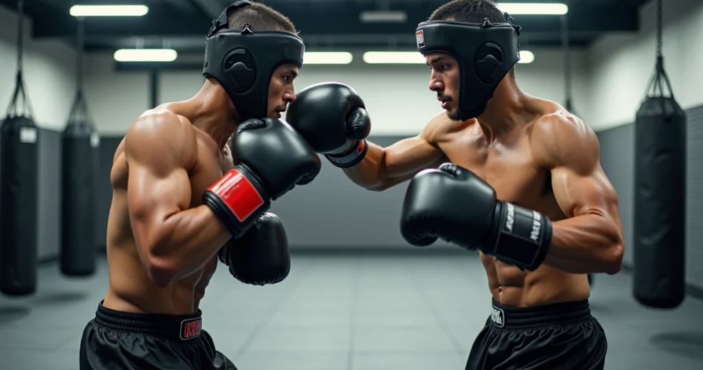 Dois lutadores usando equipamentos de proteção durante sparring controlado em academia de artes marciais