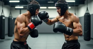 Dois lutadores usando equipamentos de proteção durante sparring controlado em academia de artes marciais