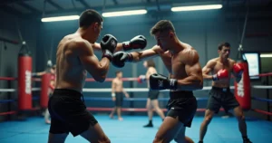 Lutadores treinando strike de boxe e muay thai em um ringue de academia